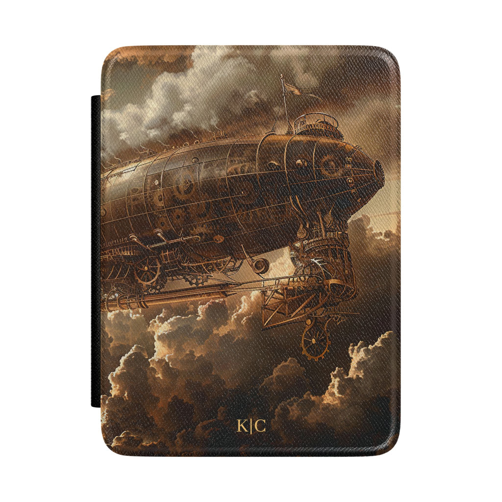 Steampunk zeppelin closeup personalized Kindle case with gold initials, front view