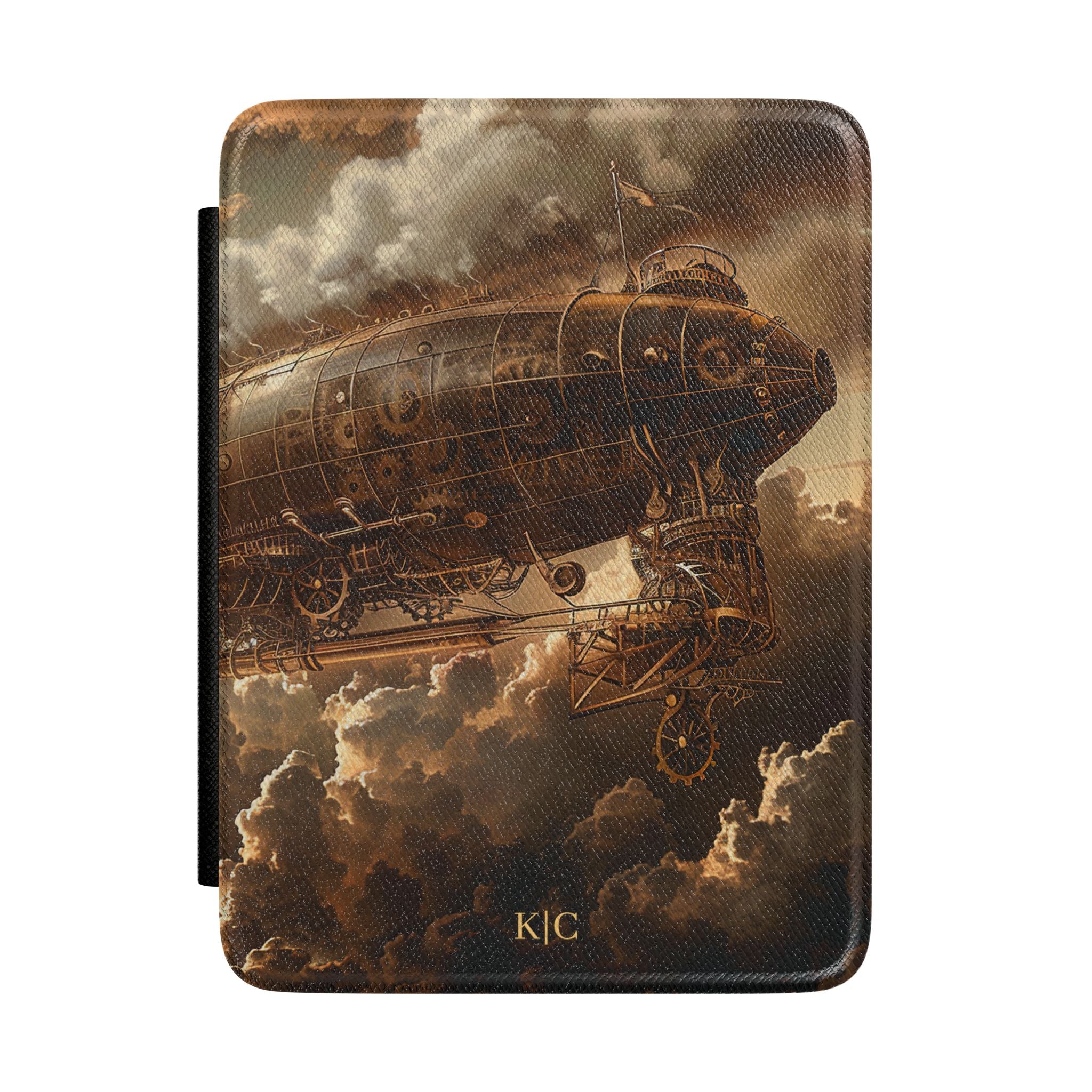 Steampunk zeppelin closeup personalized Kindle case with gold initials, front view