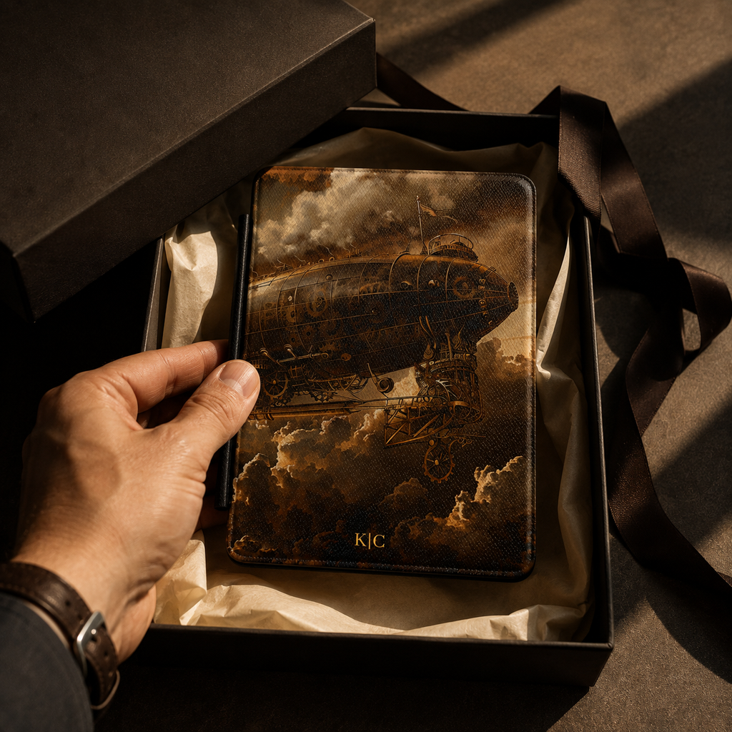 Open interior of the steampunk zeppelin closeup Kindle case showing the fabric lining and TPU shell