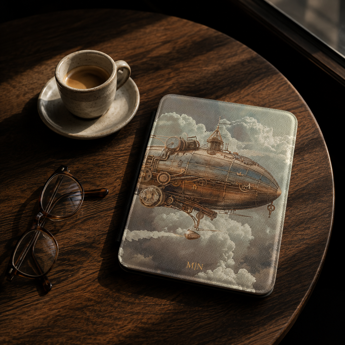 Back cover of the blue sky steampunk zeppelin personalized Kindle case