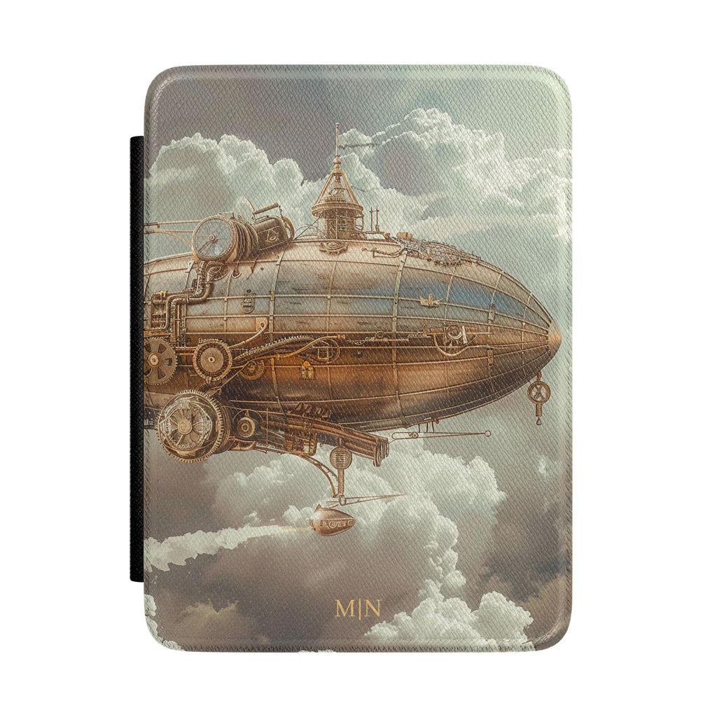 Blue sky steampunk zeppelin personalized Kindle case with gold initials, front view