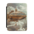 Blue sky steampunk zeppelin personalized Kindle case with gold initials, front view