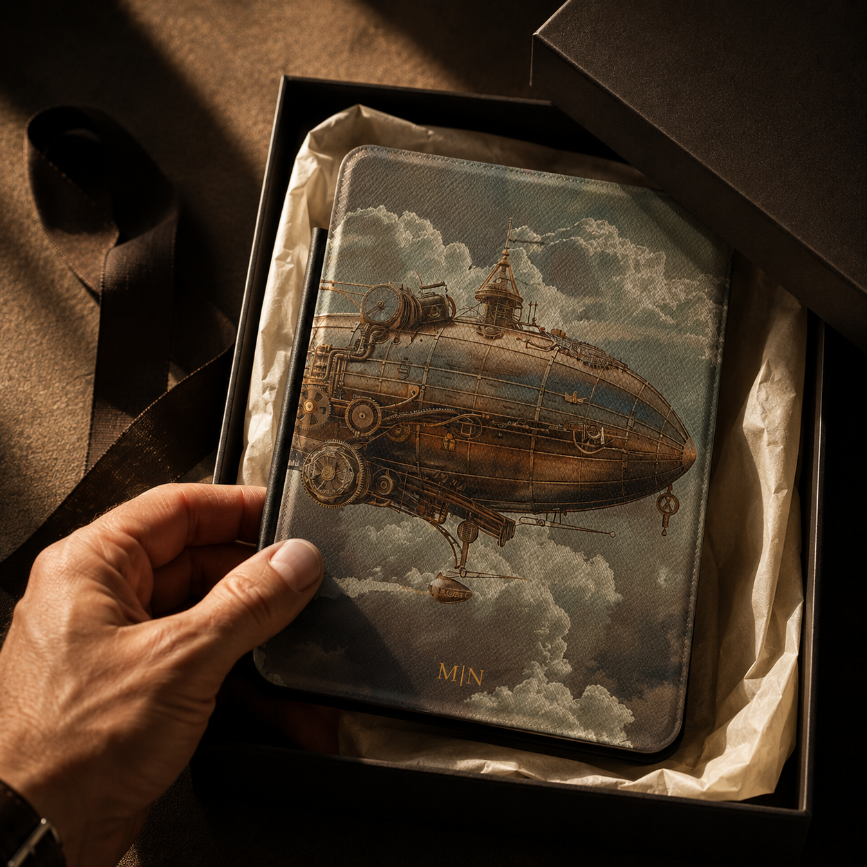 Open interior of the blue sky steampunk zeppelin Kindle case showing the fabric lining and TPU shell