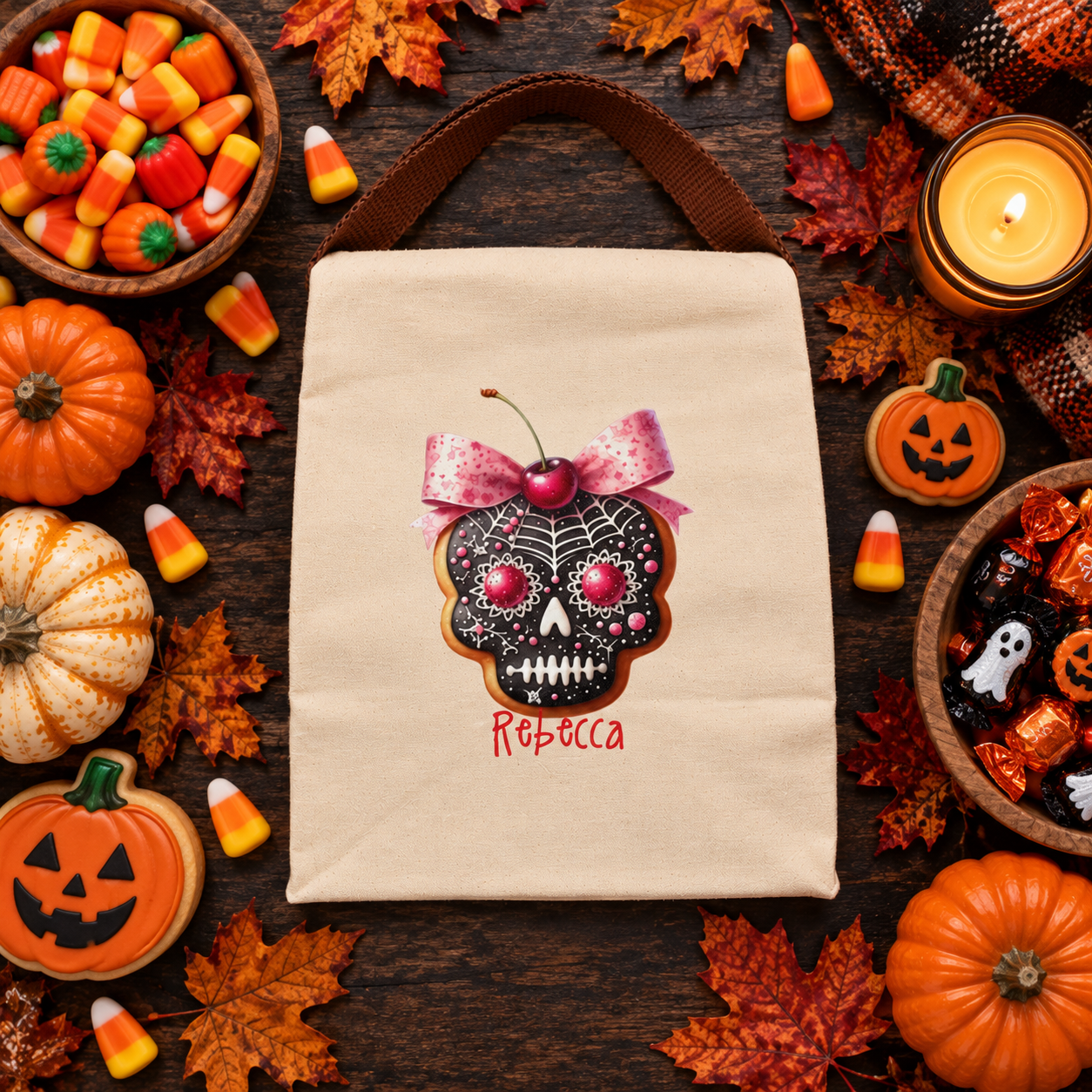 Back view of the sugar skull cookie canvas lunch bag showing the brown strap handle