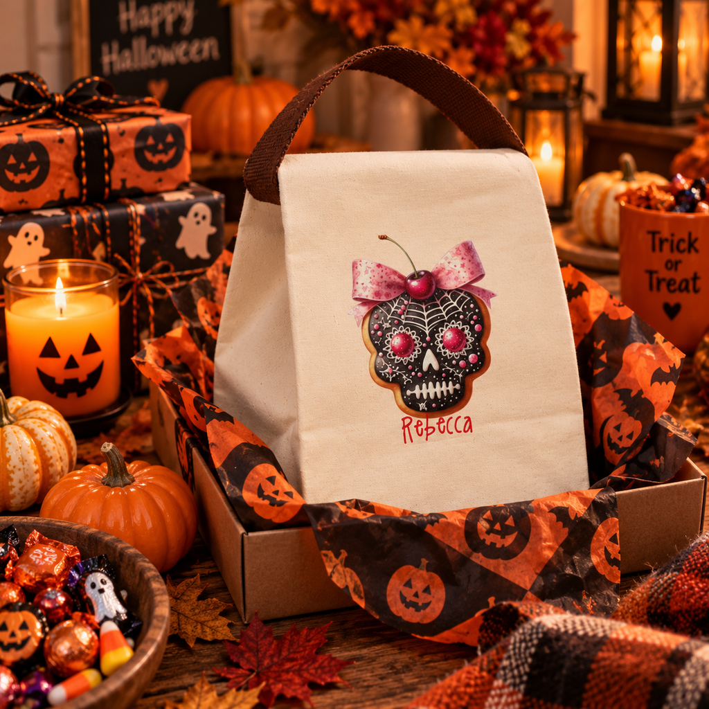 Sugar skull cookie canvas lunch bag shown as a Halloween gift, personalized with custom name