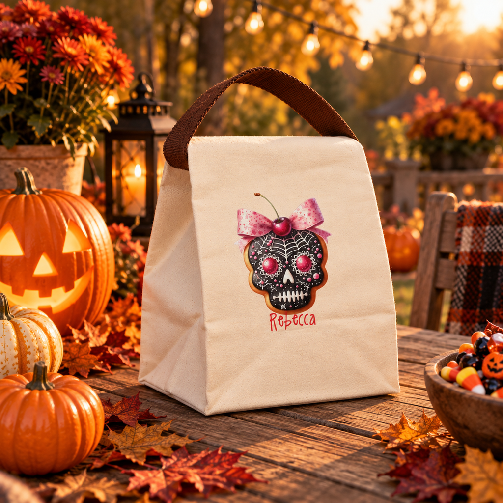 Open view of the sugar skull cookie canvas lunch bag showing the roomy roll-top interior