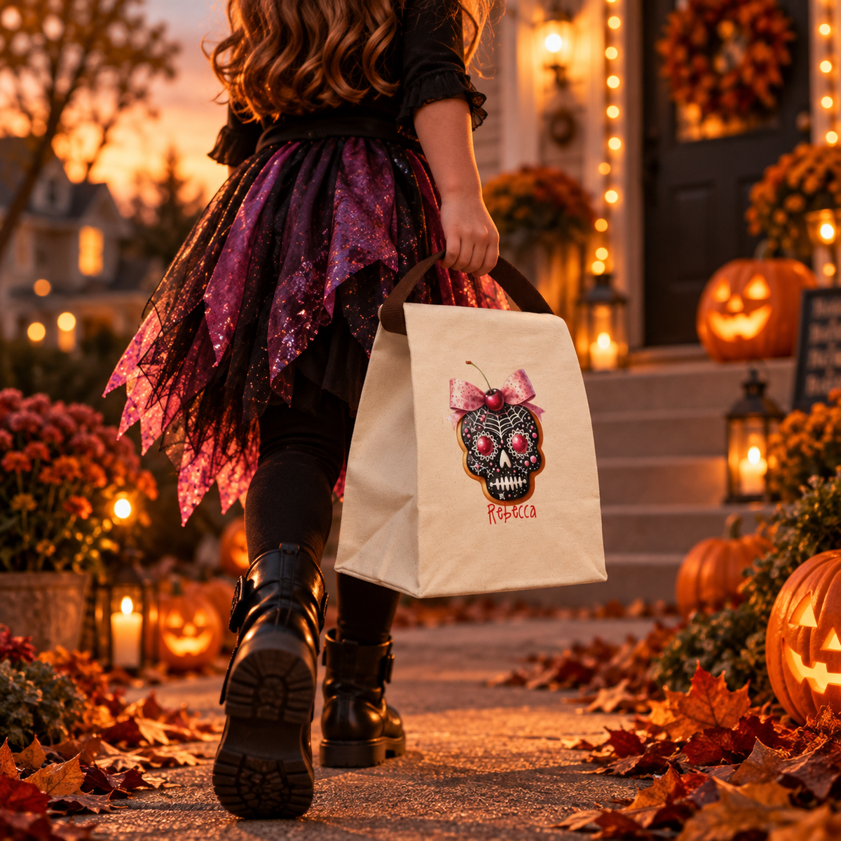 Sugar skull cookie canvas lunch bag styled for a fall lunch, personalized with custom name