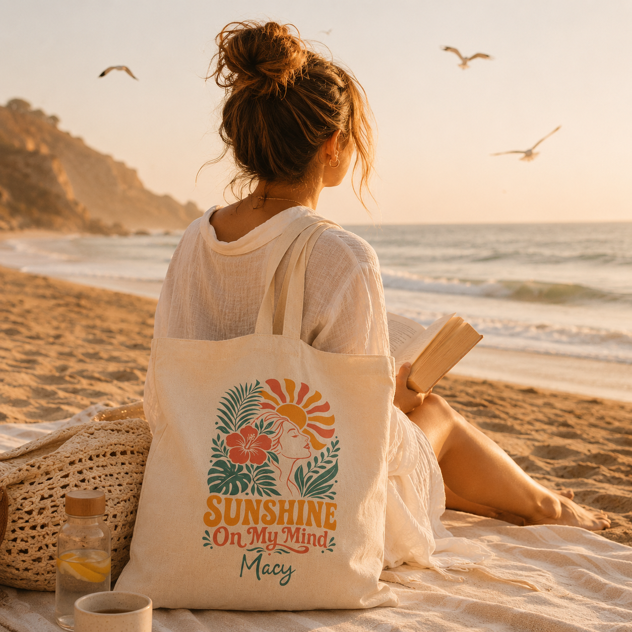 Personalized sunshine on my mind tote bag shown worn on shoulder, lifestyle photo