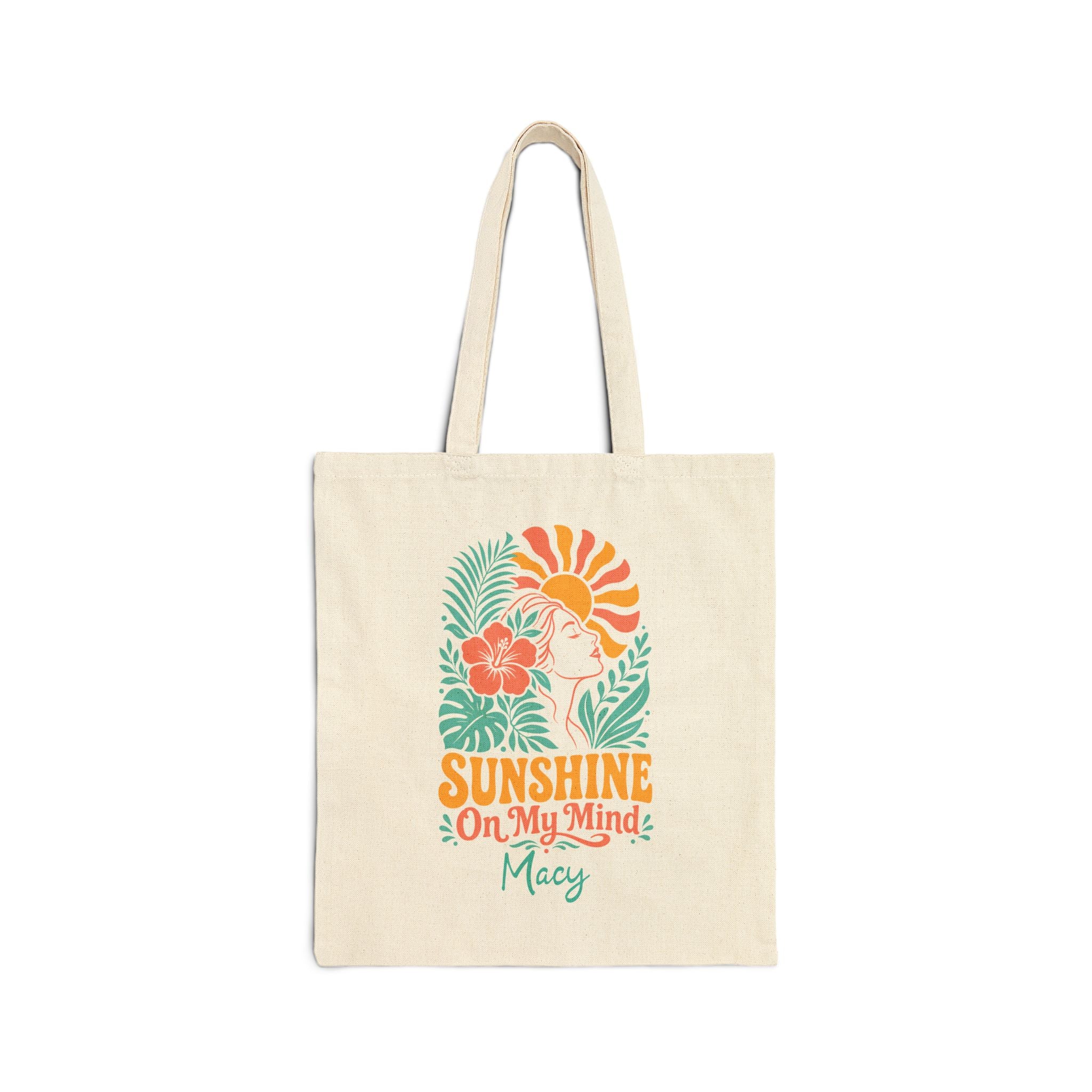 Personalized tropical canvas tote bag with custom name, sunshine on my mind design