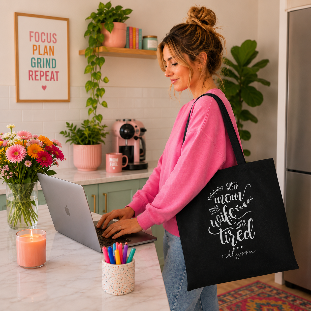 Personalized Super Mom tote bag shown worn on shoulder, lifestyle photo