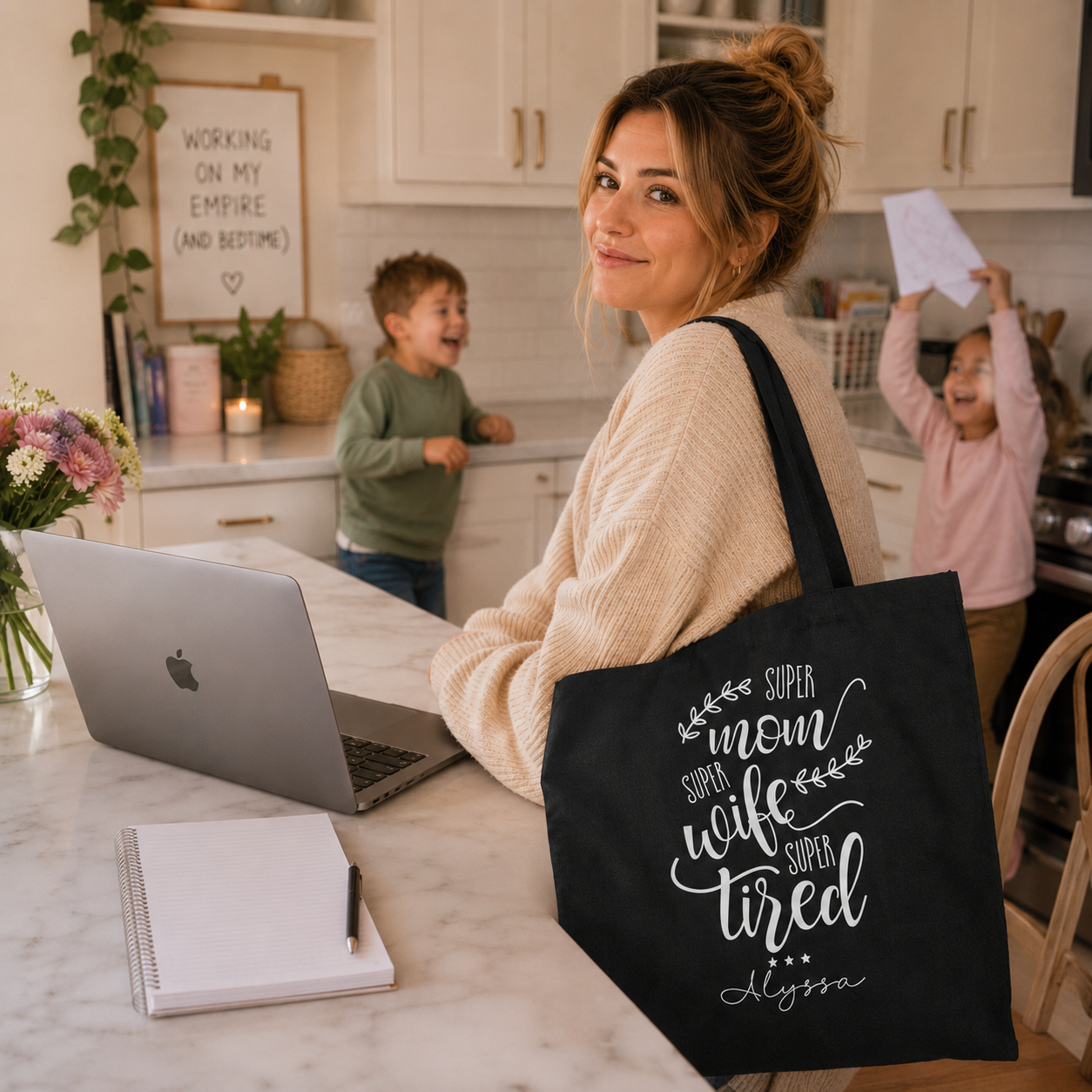Personalized Super Mom canvas tote bag size and dimensions reference