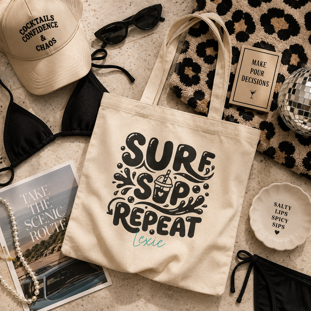Personalized surf sip repeat tote bag shown worn on shoulder, lifestyle photo