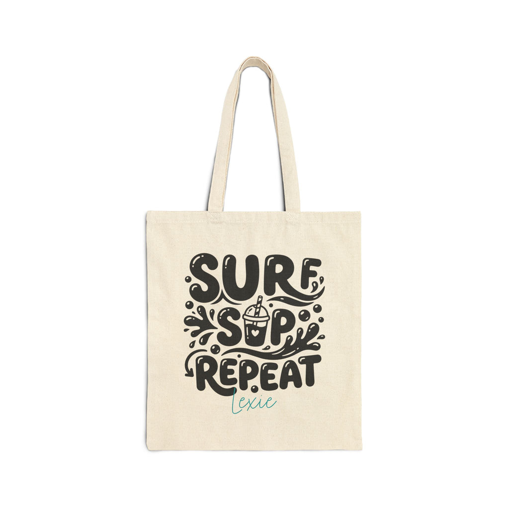 Personalized surf sip repeat canvas tote bag with custom name, iced drink bubble letter design