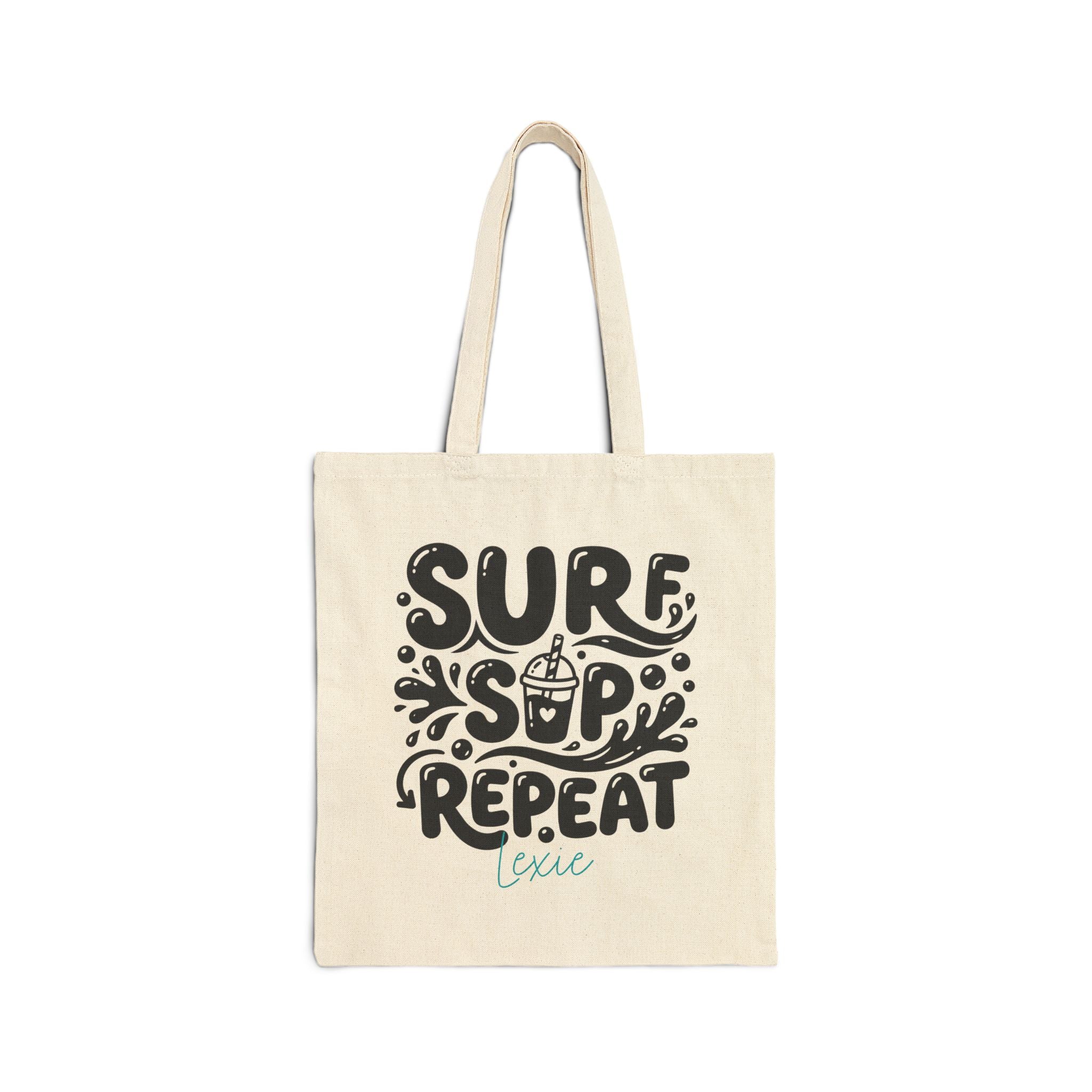 Personalized surf sip repeat canvas tote bag with custom name, iced drink bubble letter design