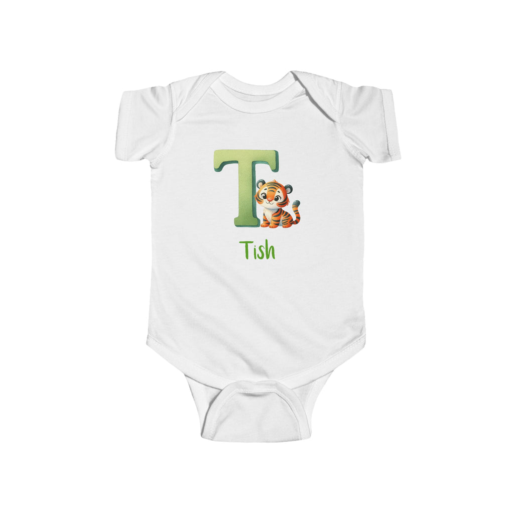 Personalized T baby bodysuit with tiger – white cotton onesie with custom name