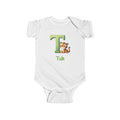 Personalized T baby bodysuit with tiger – white cotton onesie with custom name
