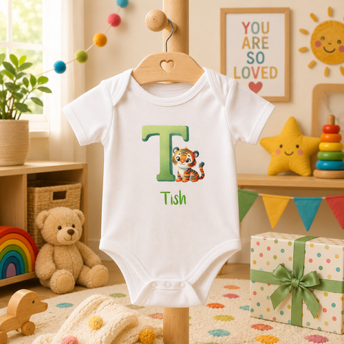 Initial T bodysuit with tiger and name in script – flat lay