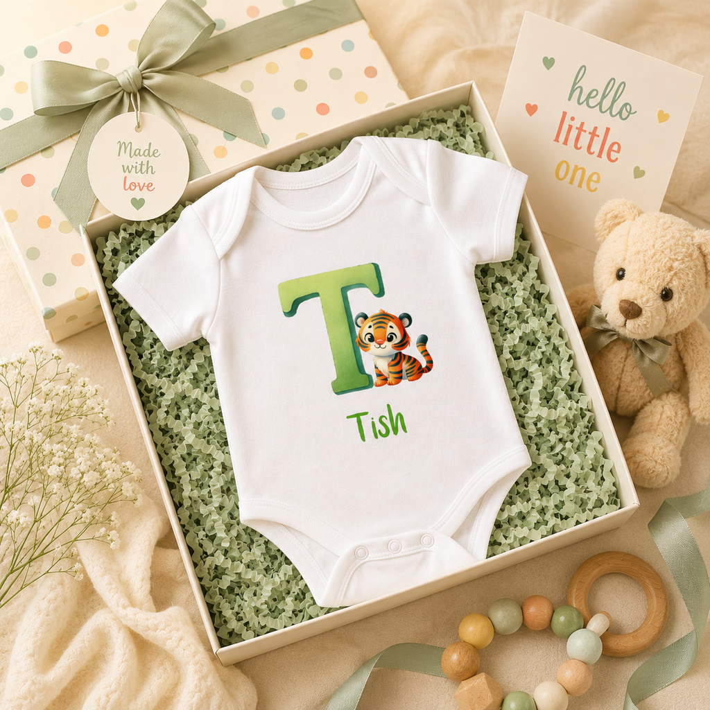 Close-up of T initial and tiger on baby bodysuit