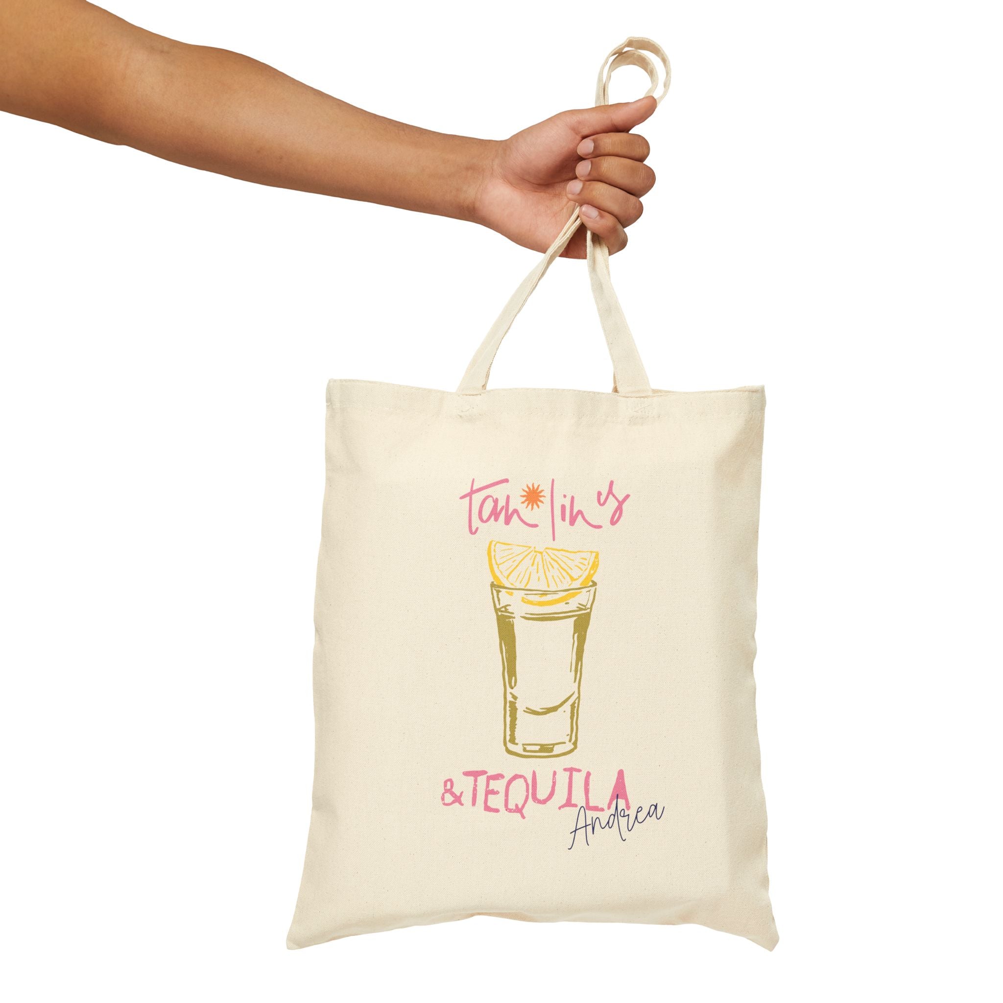 Personalized tan lines tequila canvas tote bag styled in a home setting