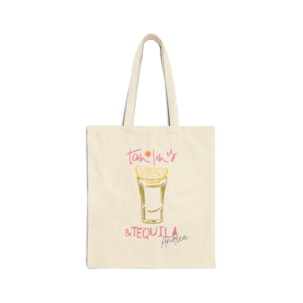 Personalized tequila canvas tote bag with custom name, tan lines and tequila design
