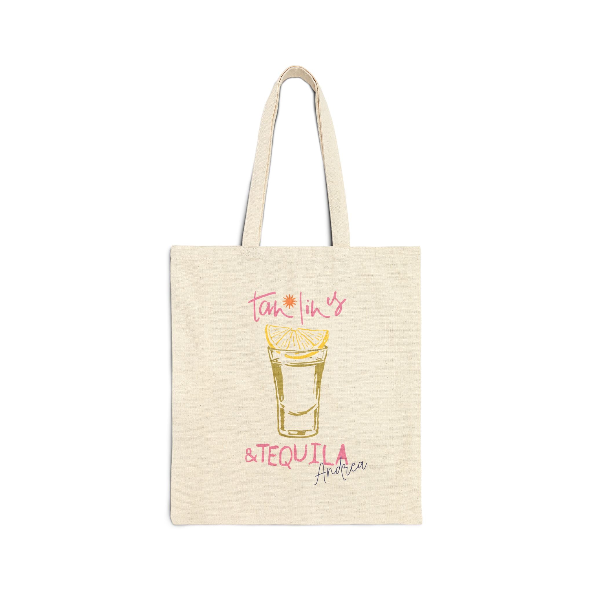 Personalized tequila canvas tote bag with custom name, tan lines and tequila design