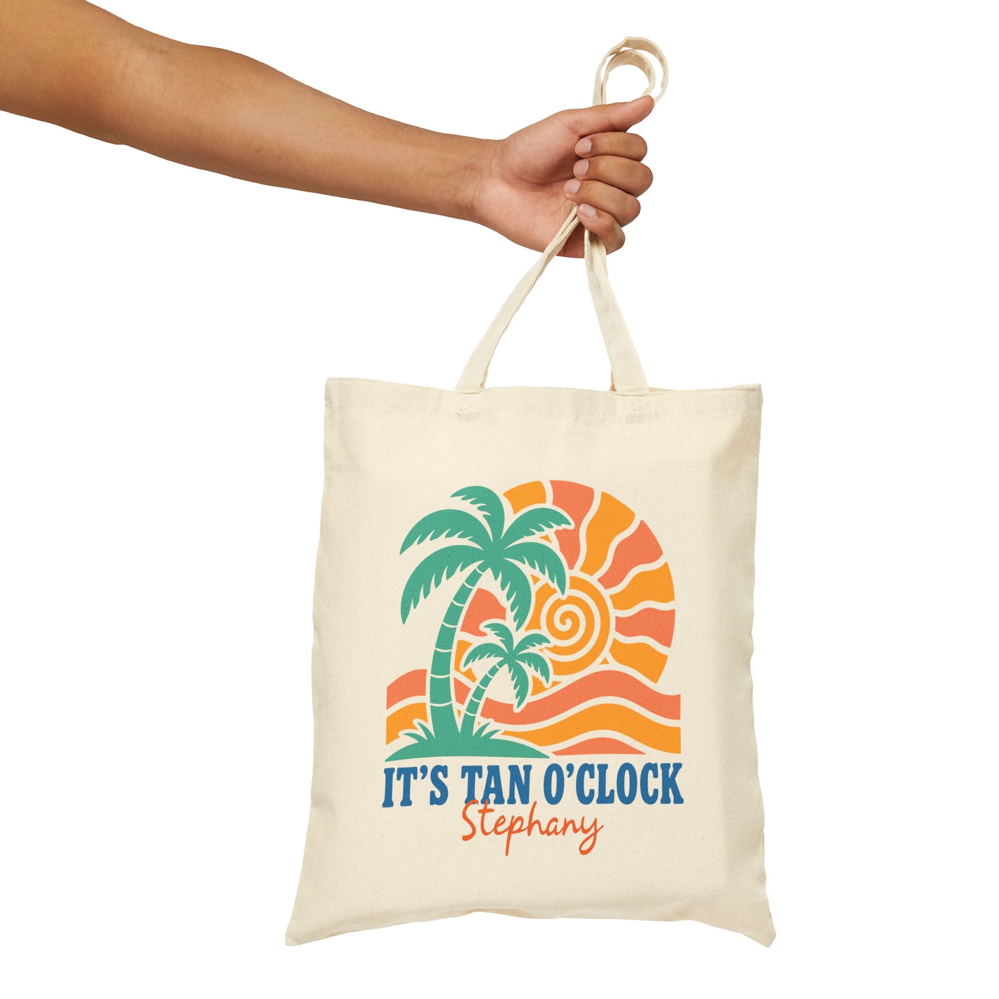 Personalized tan oclock canvas tote bag styled in a home setting