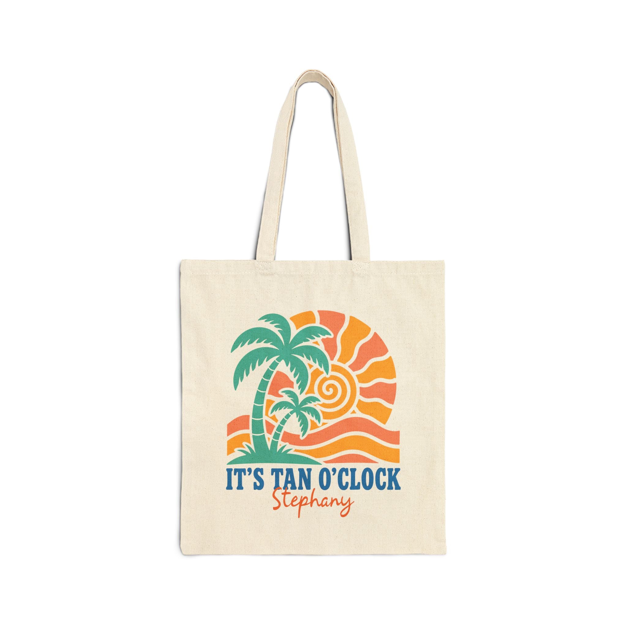 Personalized palm tree canvas tote bag with custom name, its tan oclock design