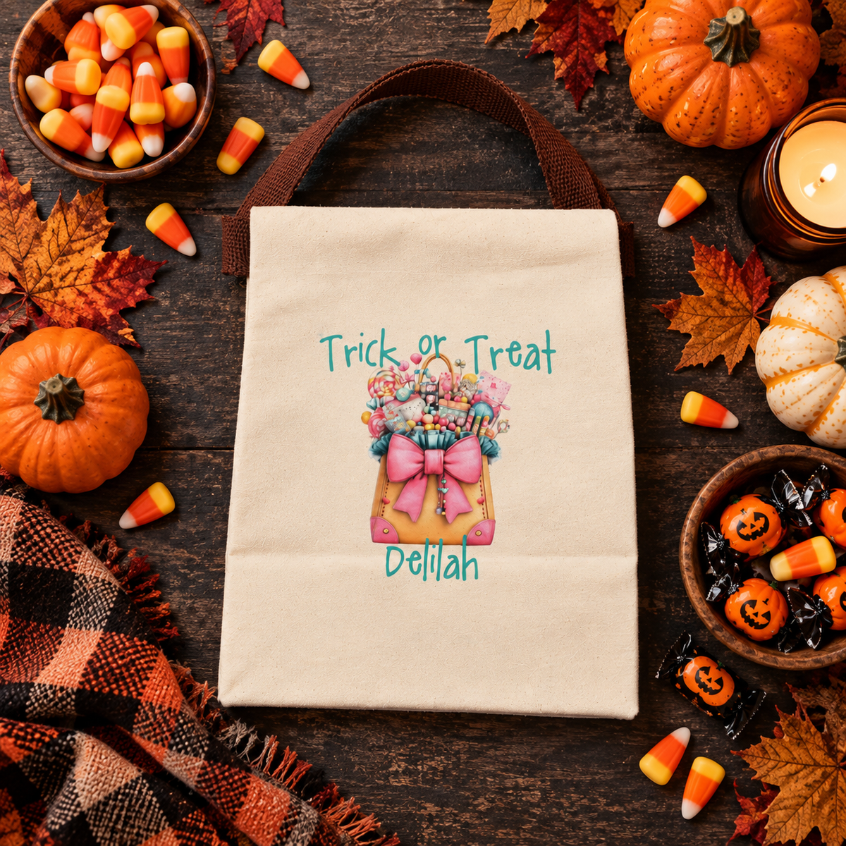 Back view of the trick or treat teal candy tote canvas lunch bag showing the brown strap handle