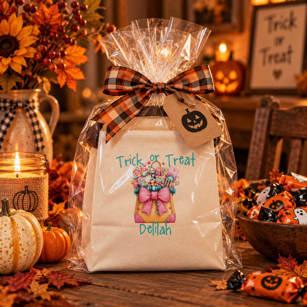 Trick or treat teal candy tote canvas lunch bag shown as a Halloween gift, personalized with custom name