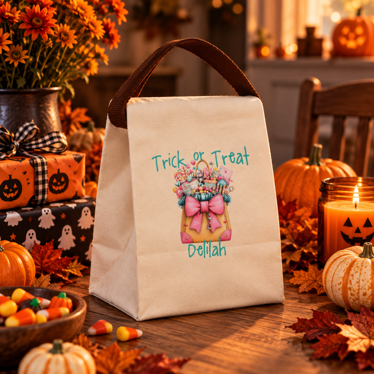 Open view of the trick or treat teal candy tote canvas lunch bag showing the roomy roll-top interior