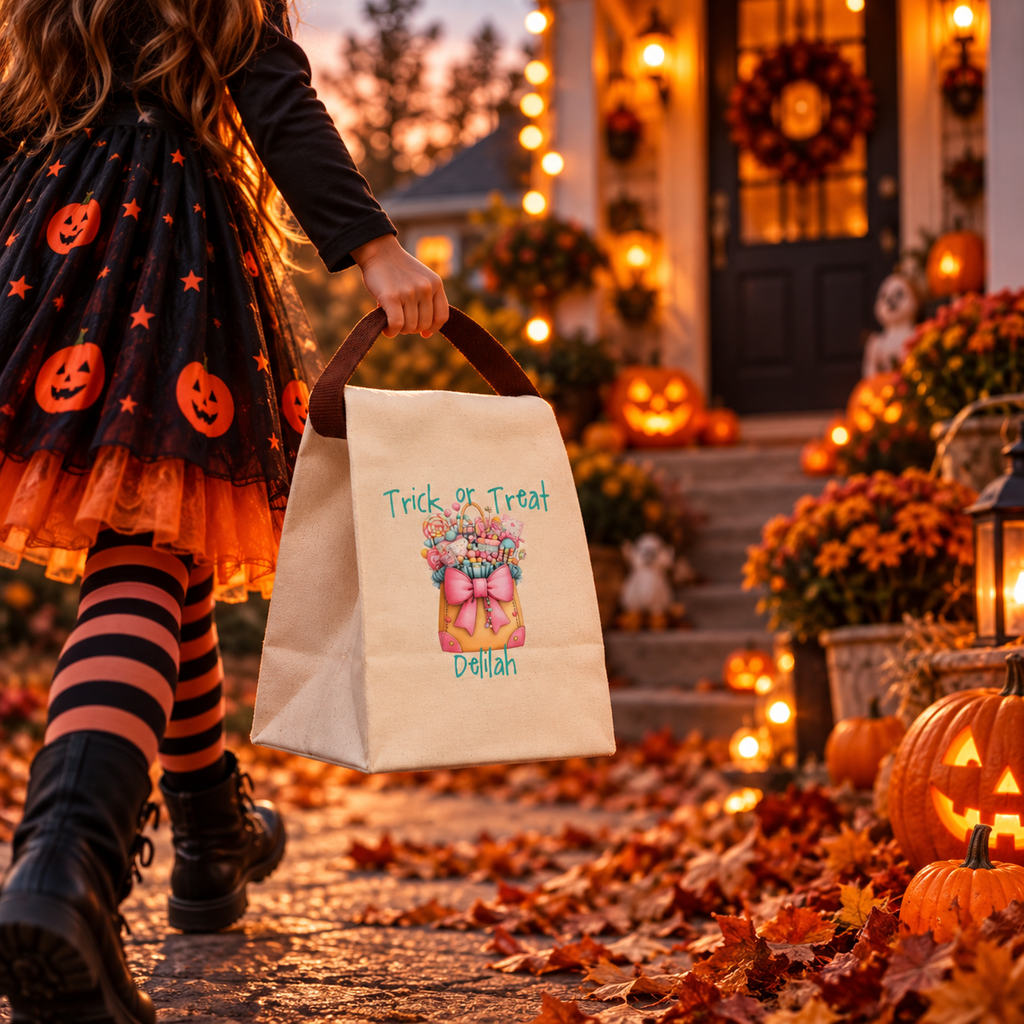Trick or treat teal candy tote canvas lunch bag styled for a fall lunch, personalized with custom name