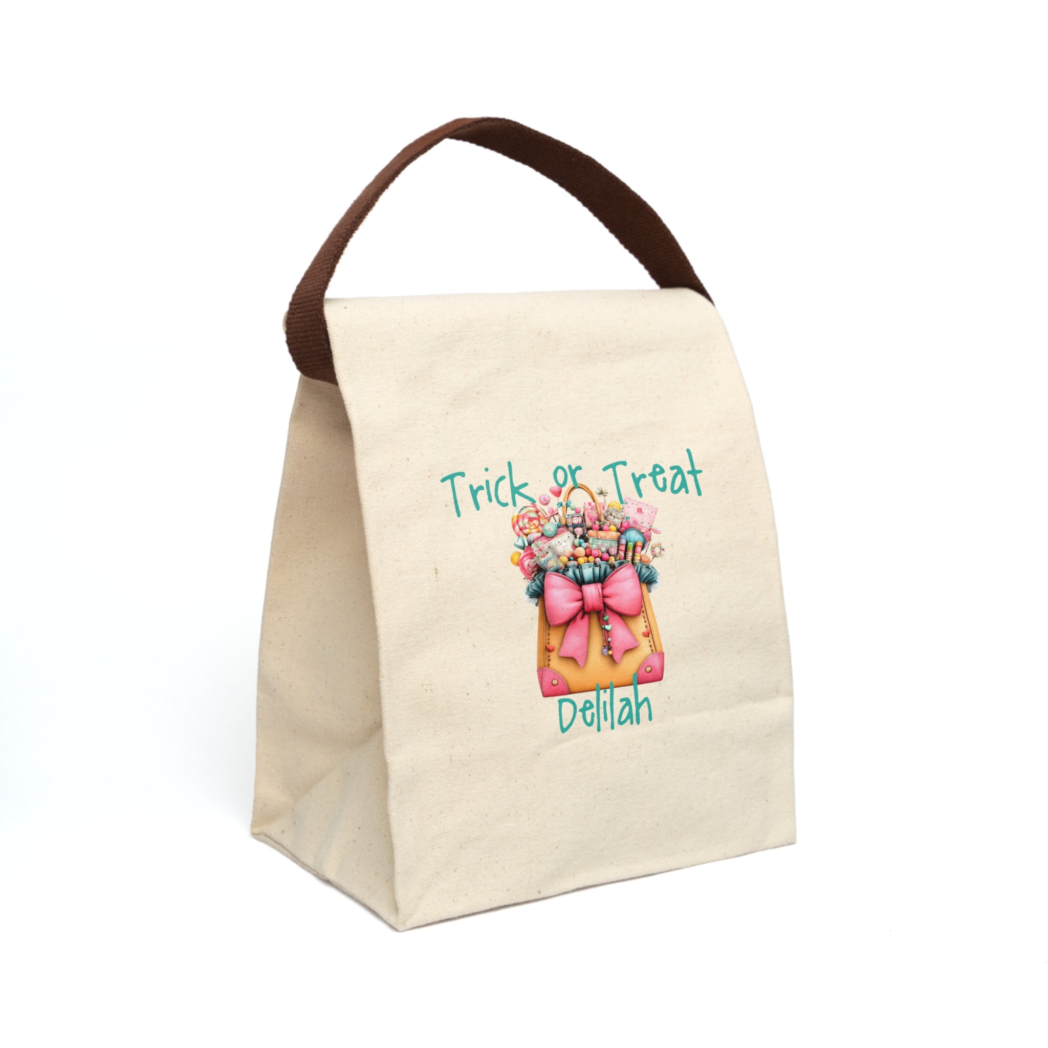 Personalized Trick or Treat teal candy tote canvas lunch bag with custom name