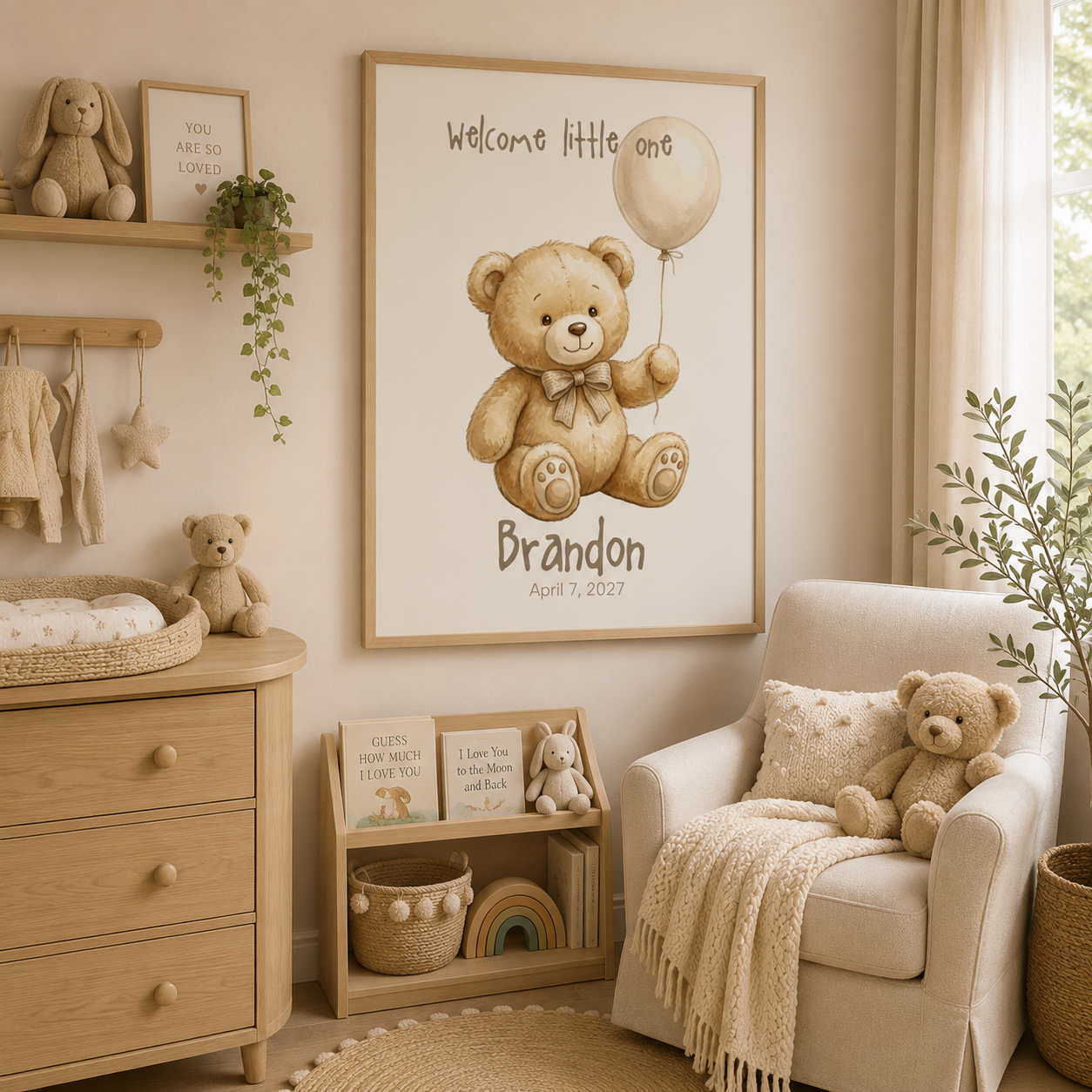 Teddy bear nursery art print framed on wall above changing table
