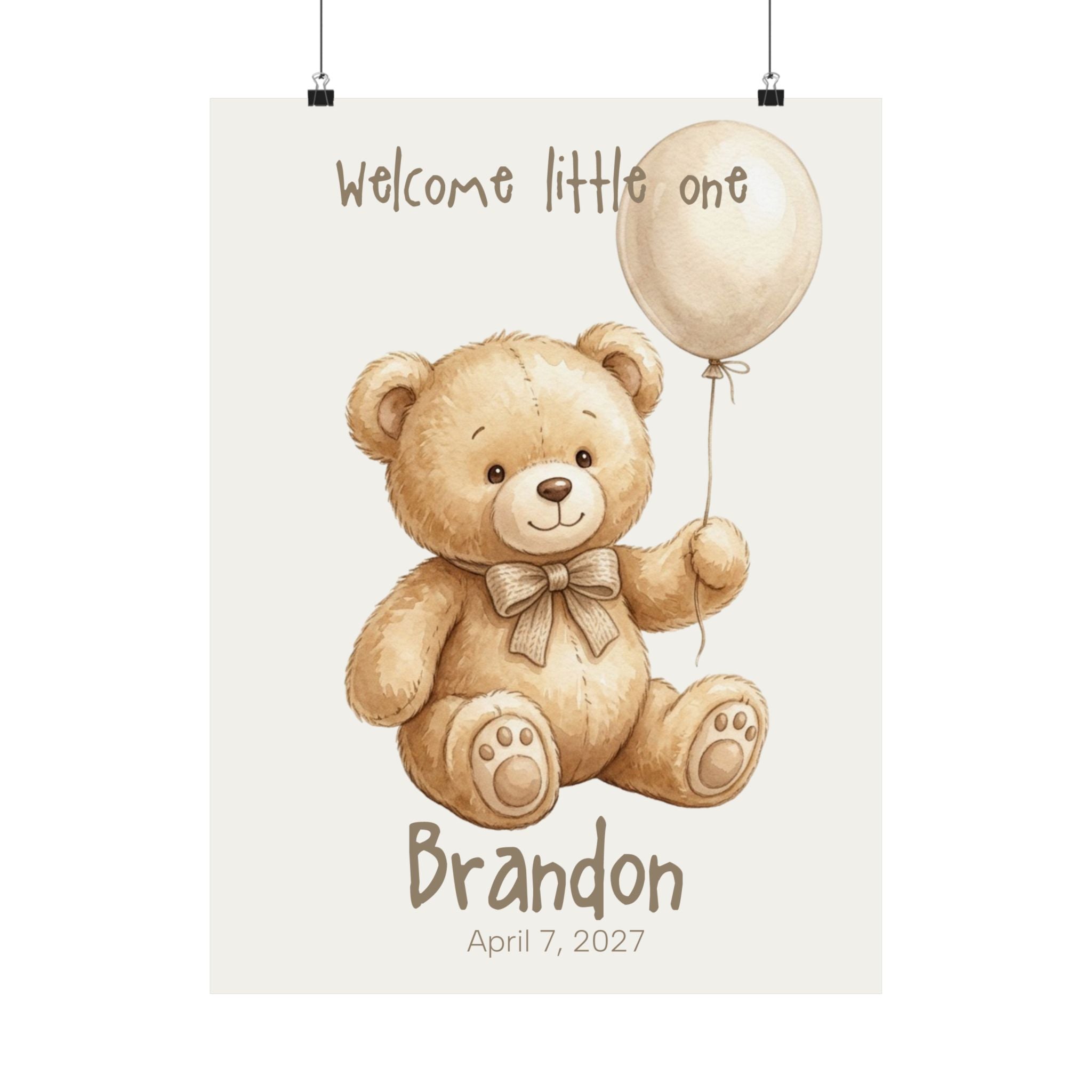 Personalized teddy bear nursery poster with balloon, custom baby name and birth date