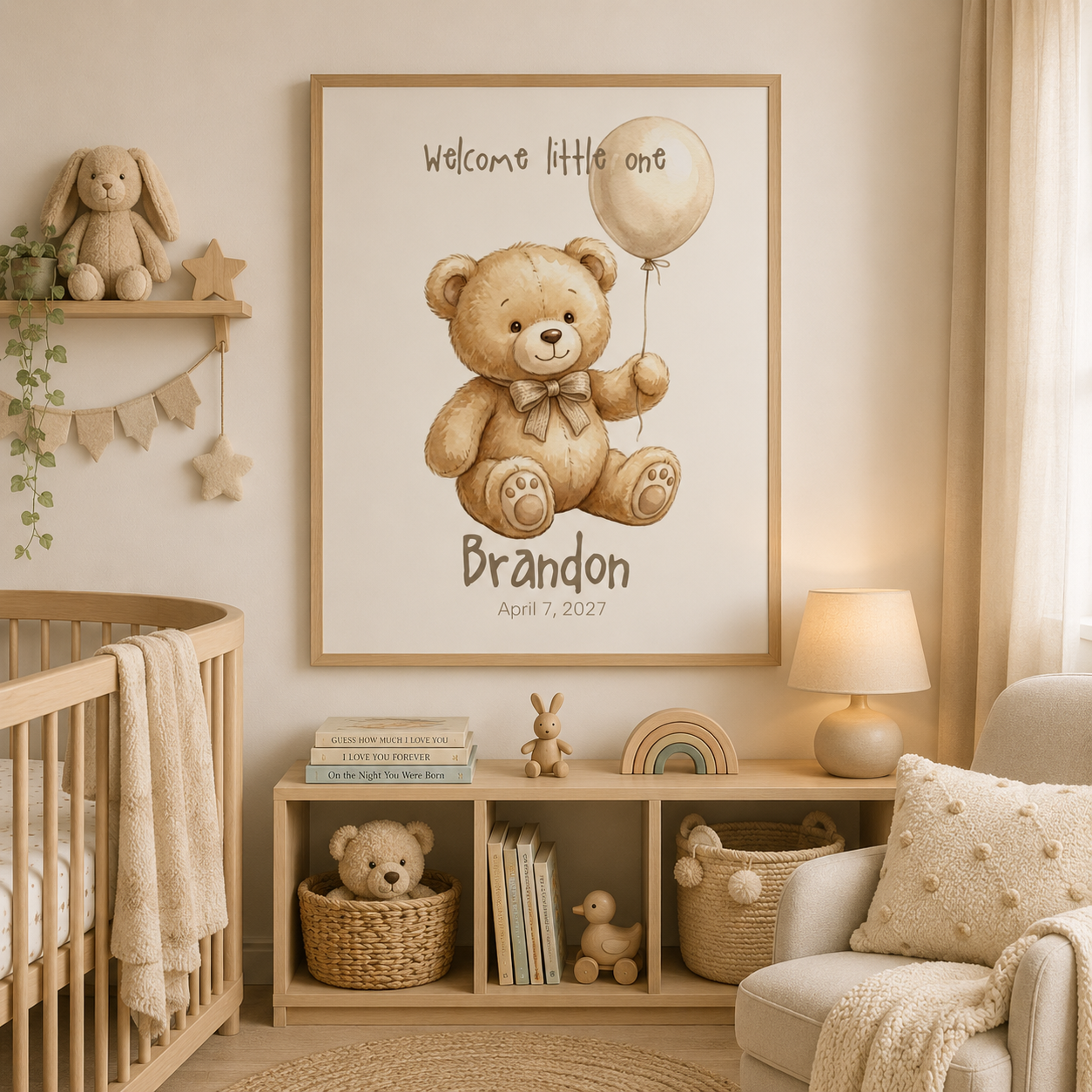 Teddy bear baby name poster displayed in nursery room setting