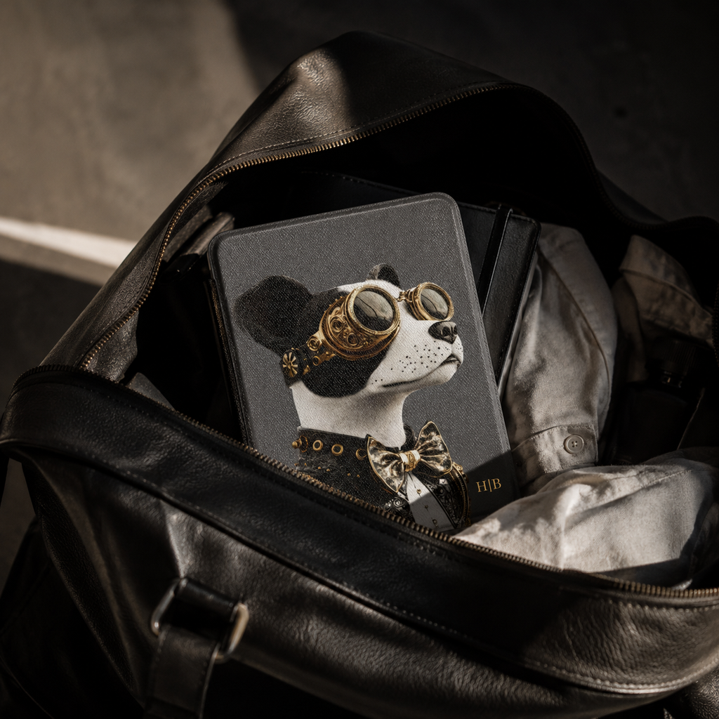 Personalized Terrier Kindle case black Saffiano leatherette back cover shown in a black leather travel bag