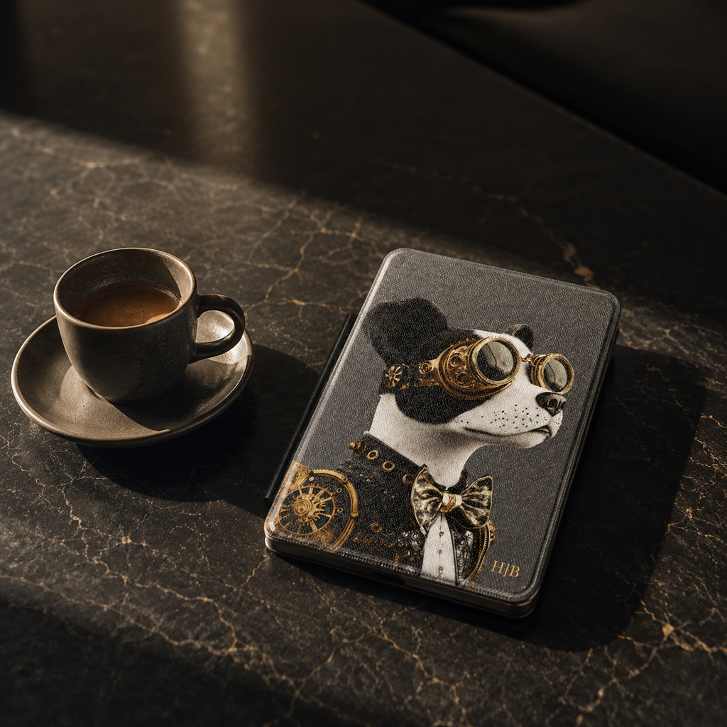 Personalized Terrier Kindle case shown on a black marble coffee table