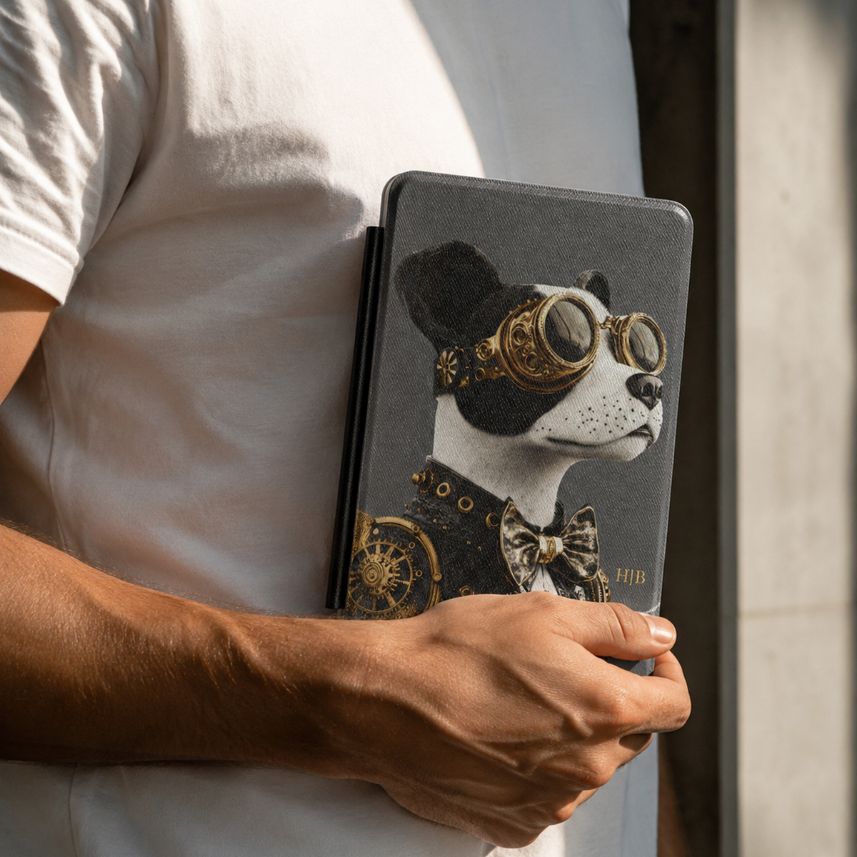 Personalized Terrier Kindle case held in hand in front of white t-shirt