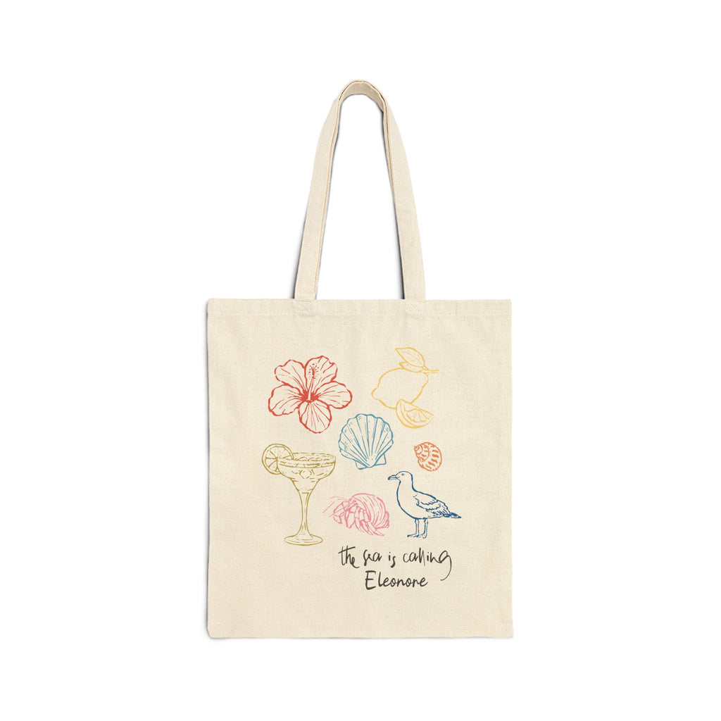 Personalized beach canvas tote bag with custom name, the sea is calling illustration design