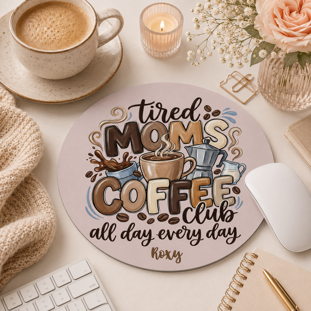 Personalized tired moms coffee mouse pad styled on a home office desk