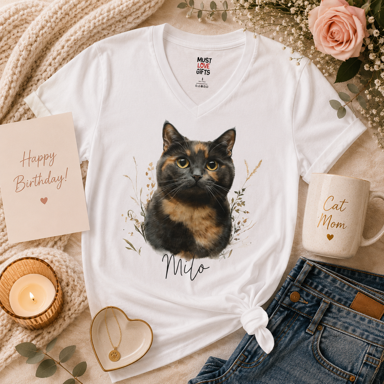 Tortoiseshell cat botanical tee close-up - detailed cat portrait with wildflower accents
