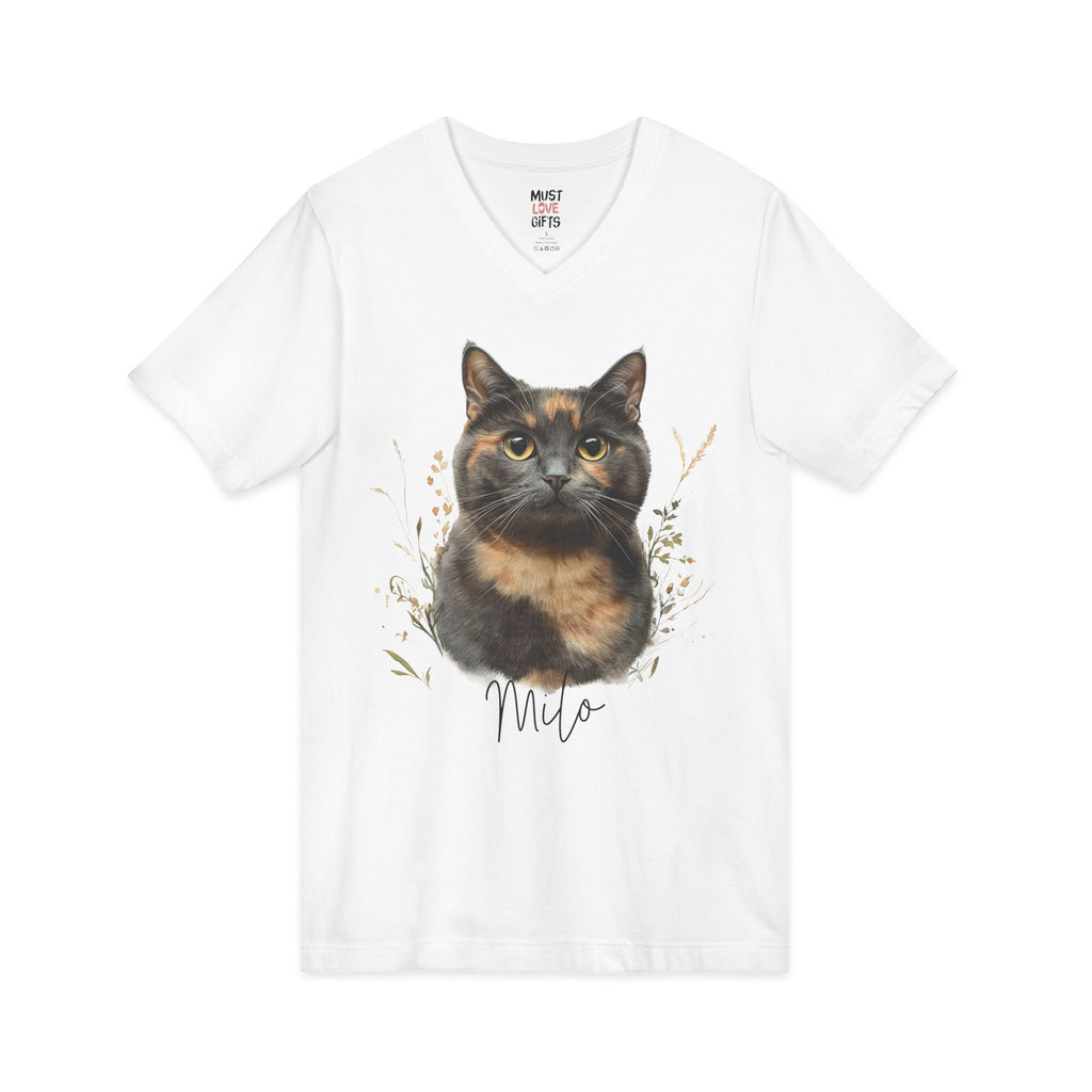 Personalized tortoiseshell cat botanical tee front view - white V-neck with elegant cat portrait