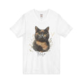 Personalized tortoiseshell cat botanical tee front view - white V-neck with elegant cat portrait