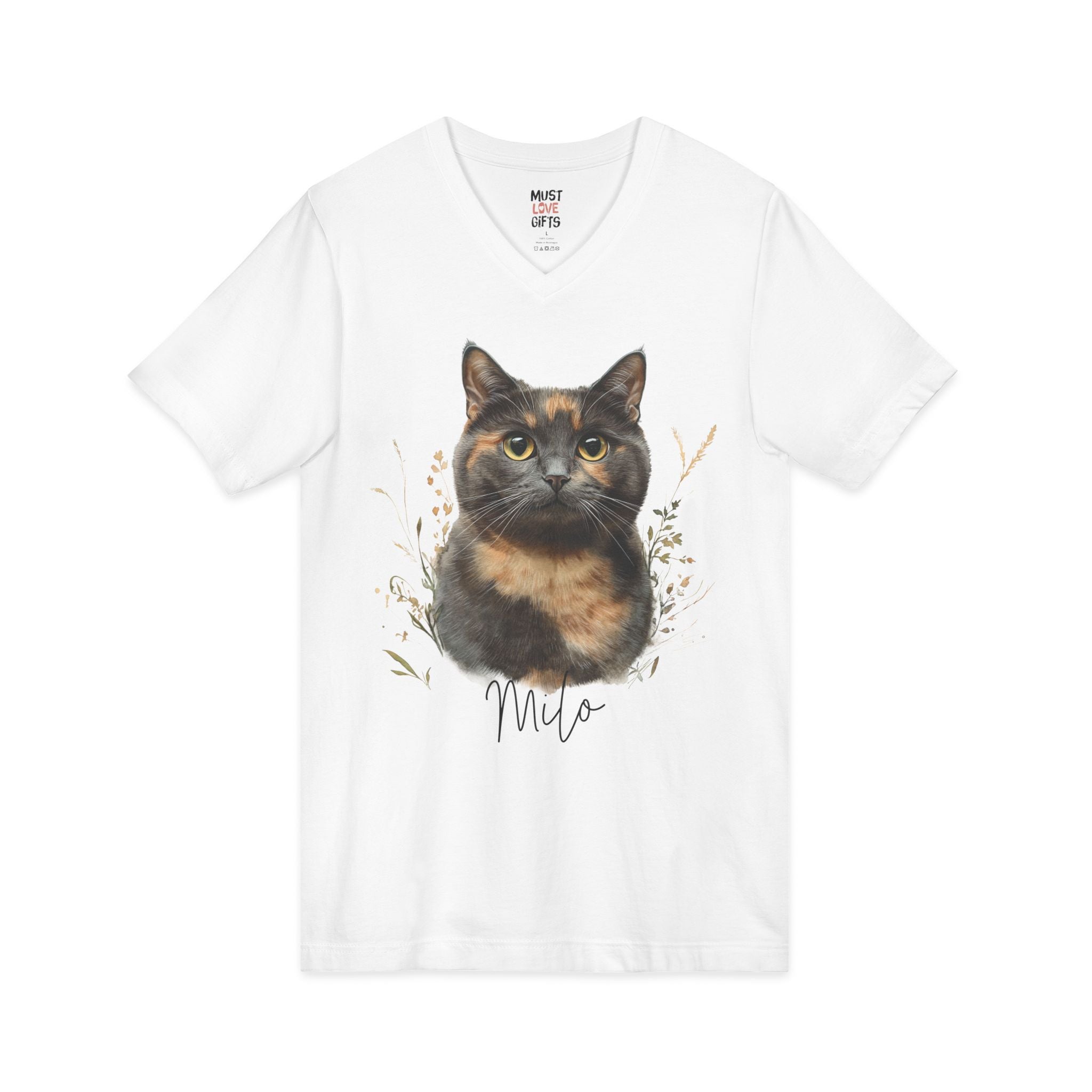 Personalized tortoiseshell cat botanical tee front view - white V-neck with elegant cat portrait