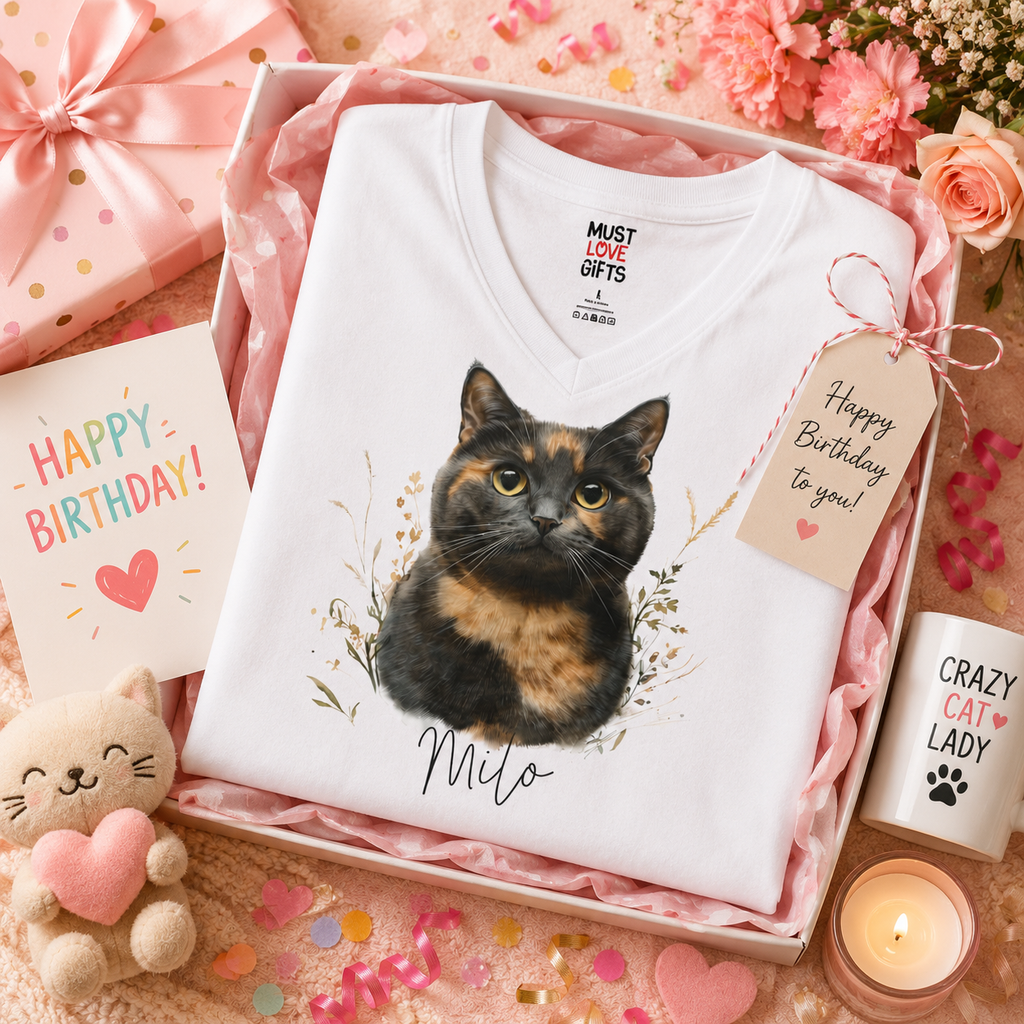 Custom cat name botanical tee lifestyle - elegant cat lover gift worn casually