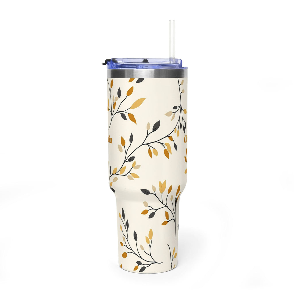 Personalized 40oz tumbler with autumn leaf branch design, custom name