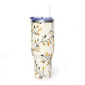 Personalized 40oz tumbler with autumn leaf branch design, custom name