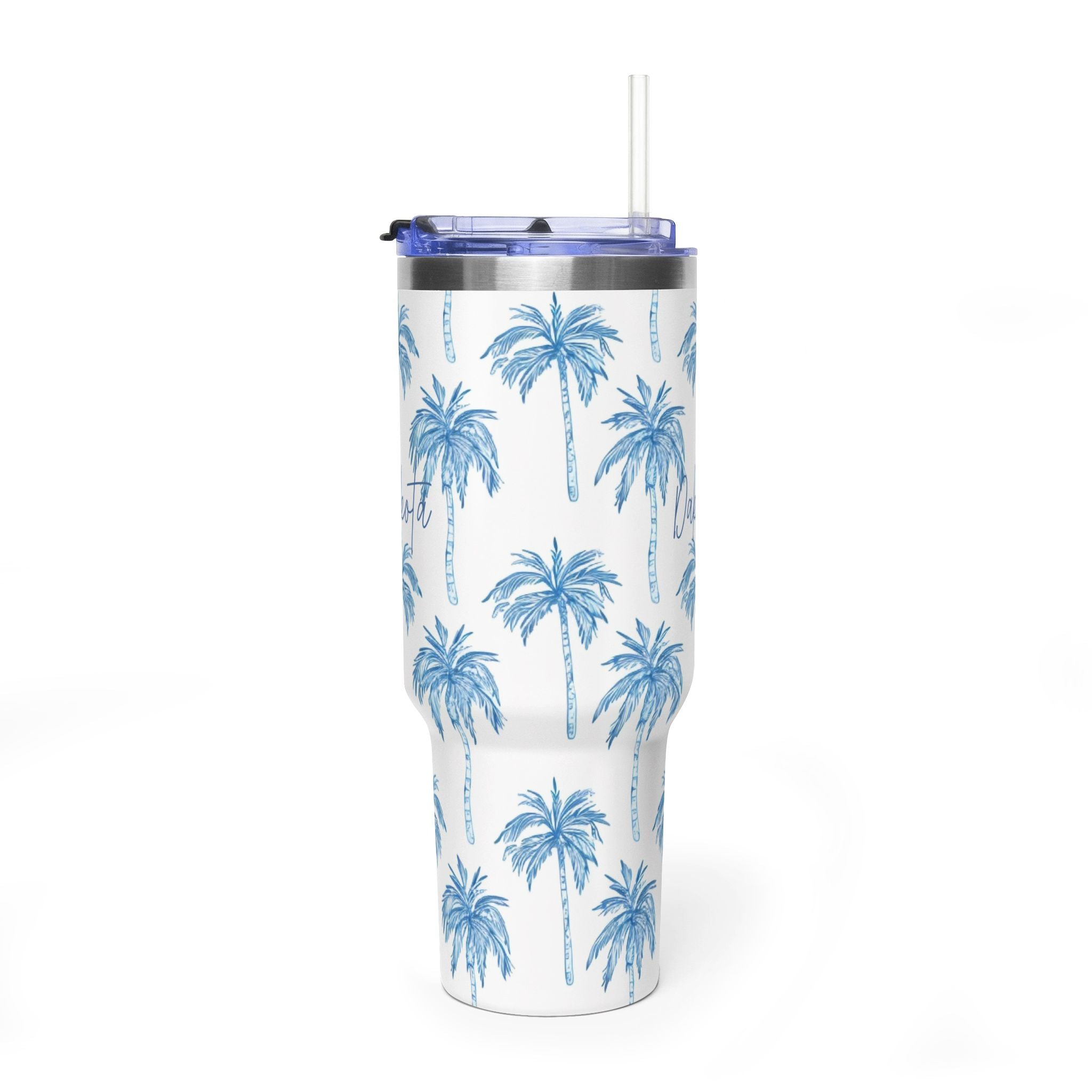 Personalized 40oz tumbler with blue palm tree design, custom name