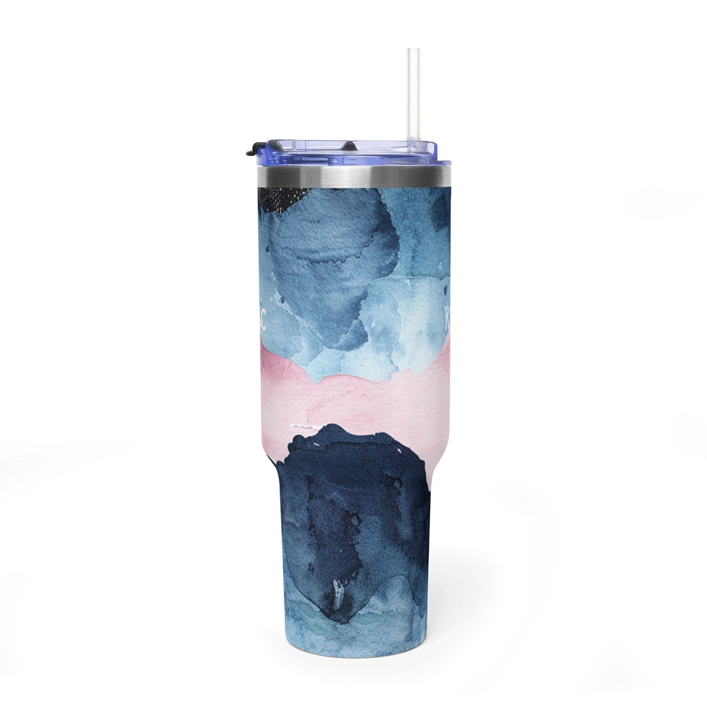 Personalized 40oz tumbler with blue and pink abstract watercolor design, custom initials