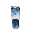 Personalized 40oz tumbler with blue and pink abstract watercolor design, custom initials